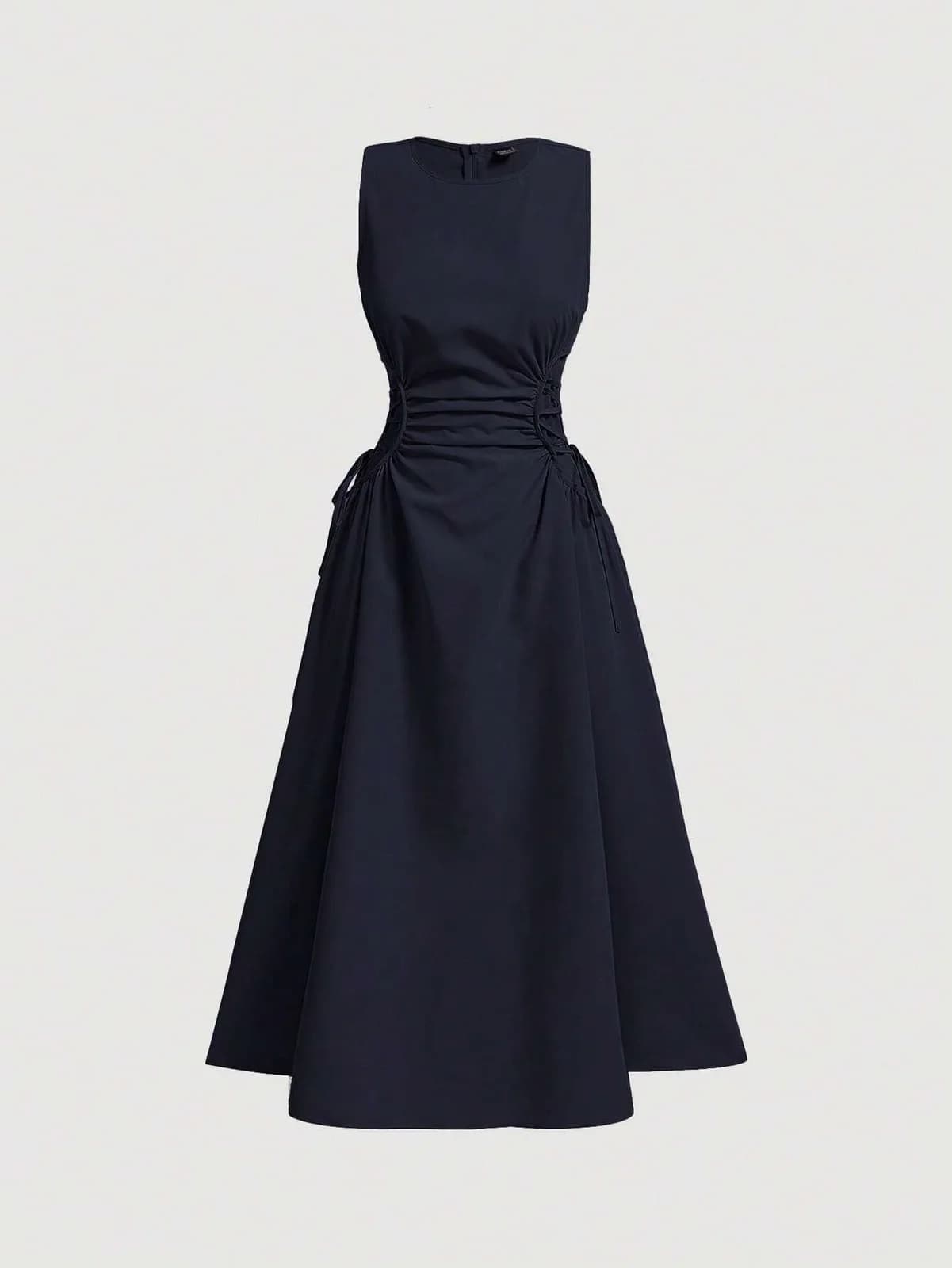Robe évasée mi-longue bleu marine à plissés et laçage latéral