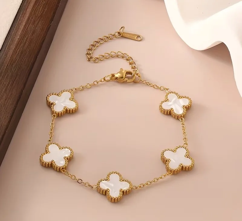 Bracelet trèfle à 5 motifs en acier inoxydable doré