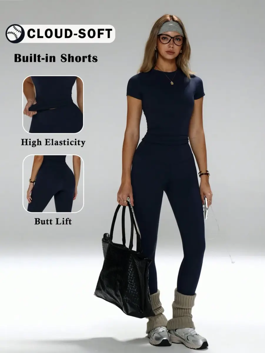 Ensemble de sport 2 pièces marron t-shirt ajusté et legging taille haute