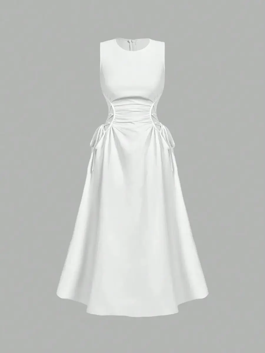 Robe évasée mi-longue à détails plissés et laçage sur les côtés