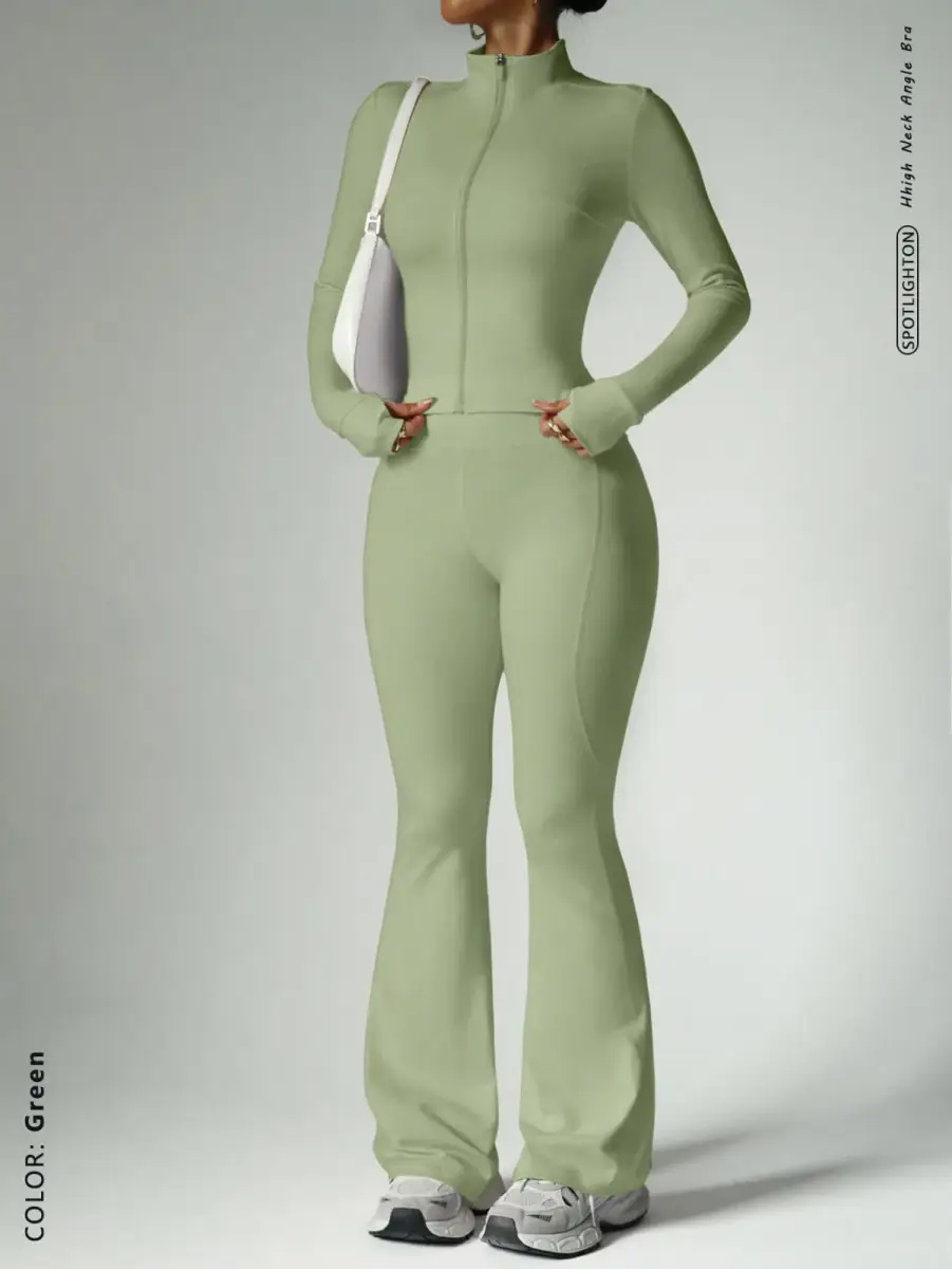 Ensemble de sport 2 pièces vert sauge veste zippée et pantalon évasé