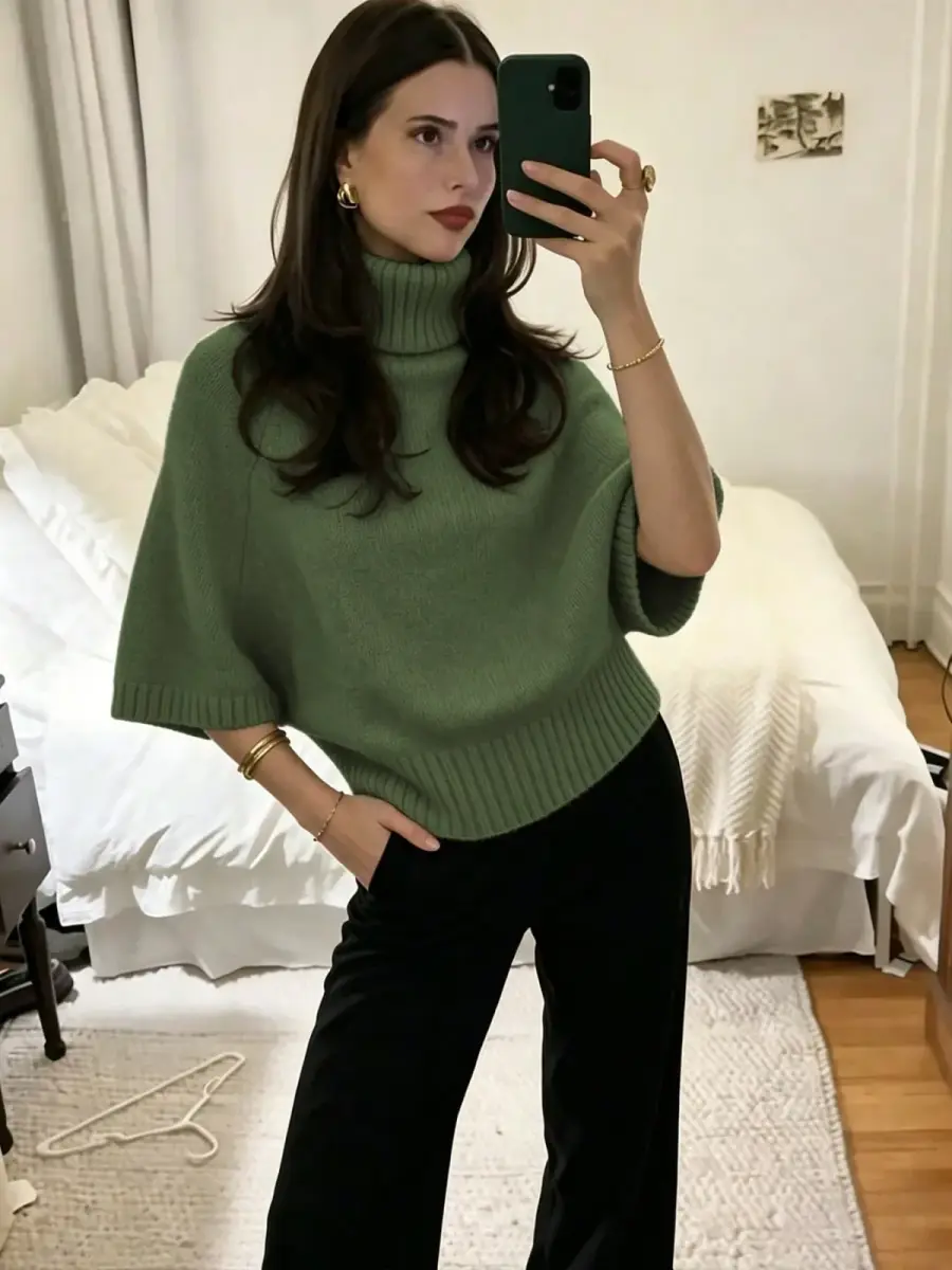 Pull en maille vert sauge à manches coude et bord-côte marqué