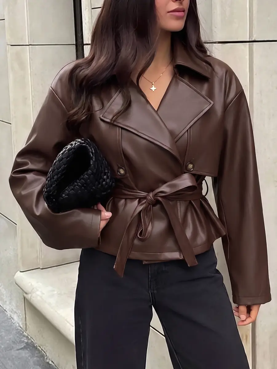 Trench-coat court ceinturé marron chocolat ​