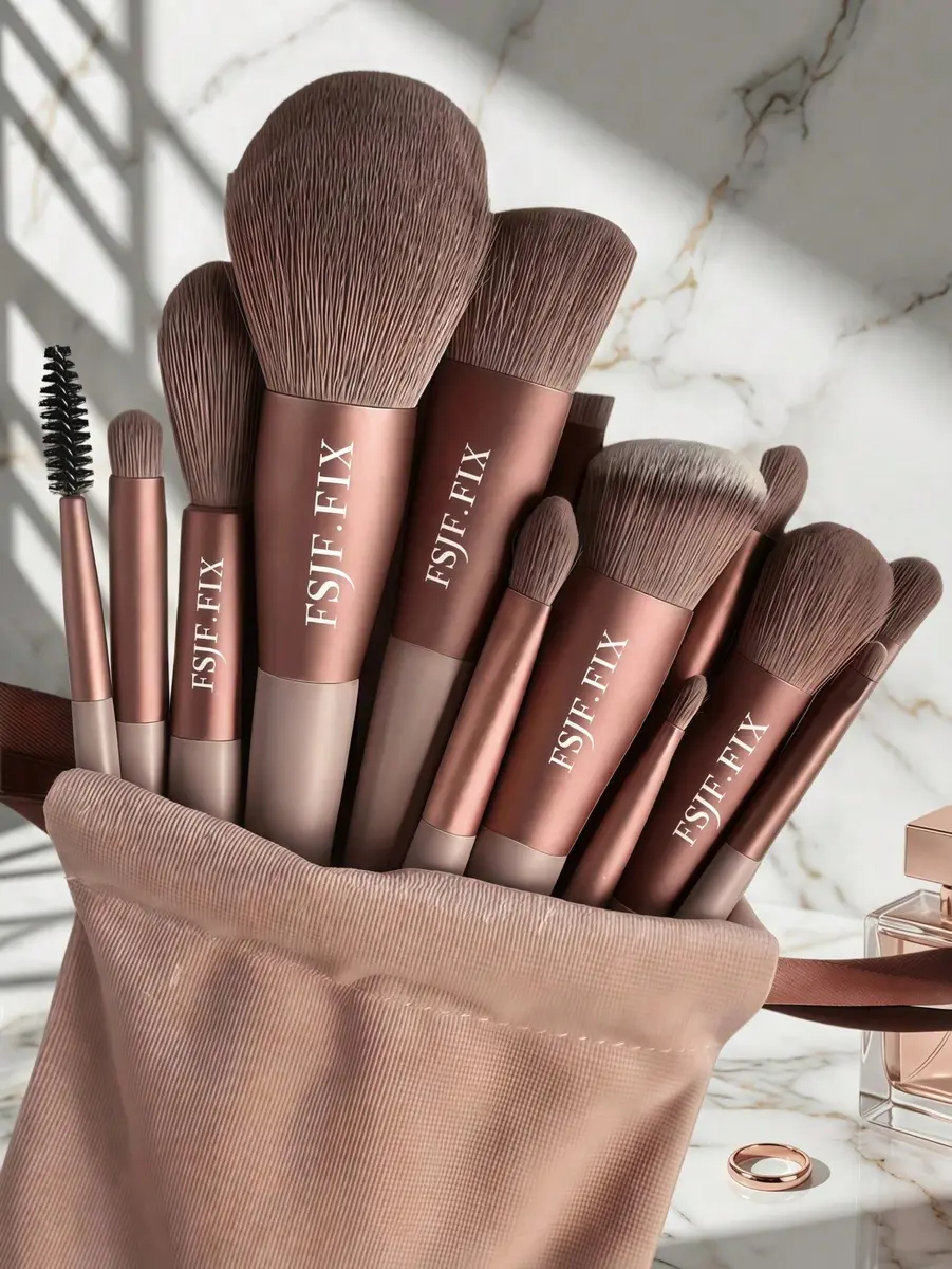 Set de 14 pinceaux de maquillage et pochette beige sable