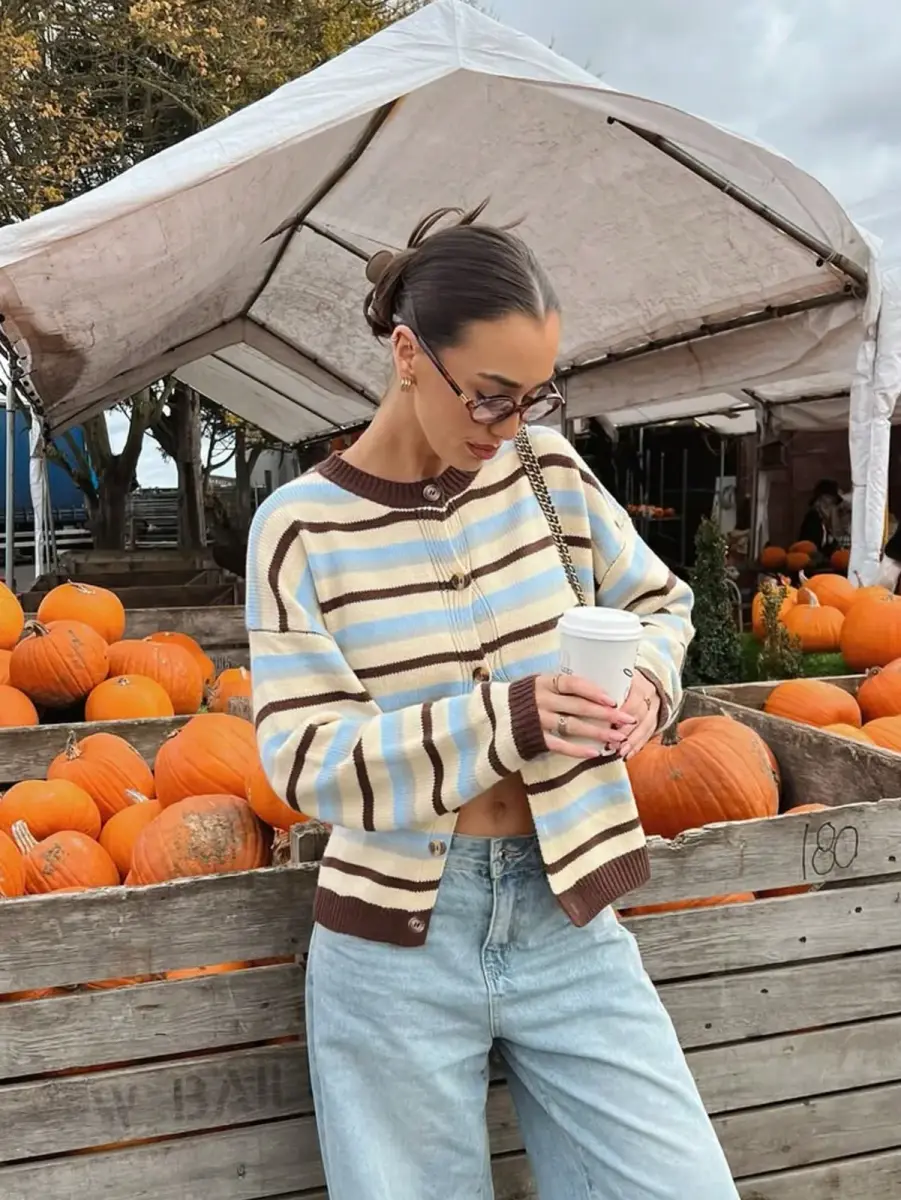 Cardigan en maille rayée marron, bleu ciel et beige à col rond