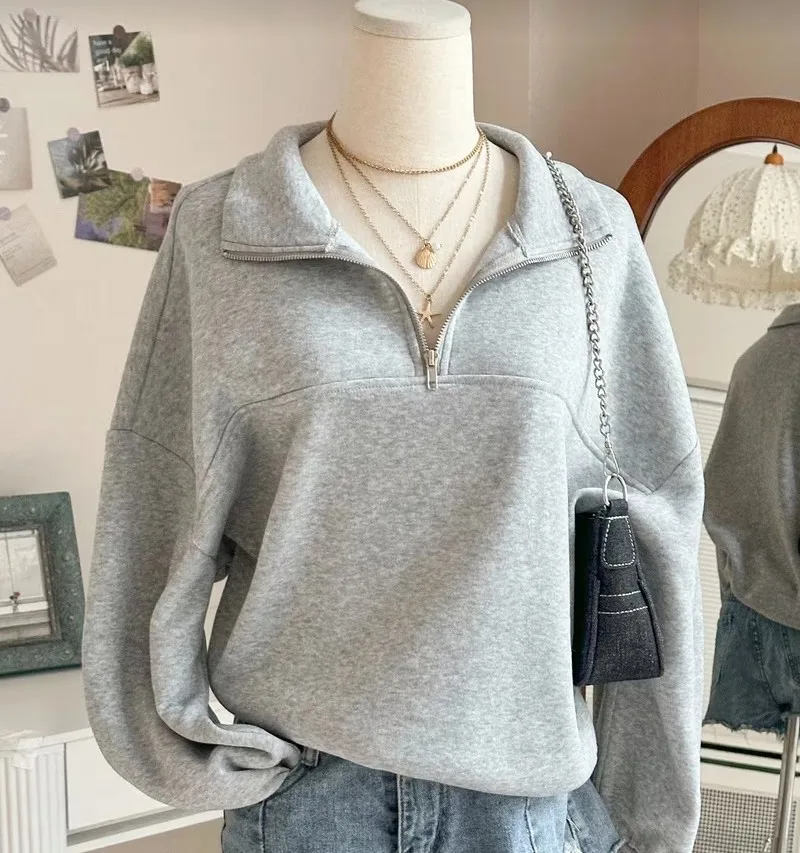 Sweat-shirt col demi-zip ample gris clair décontracté