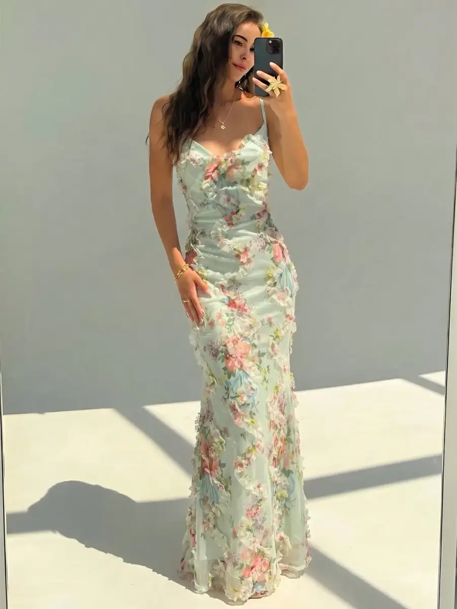 Robe longue sirène à imprimé floral 3D et volants