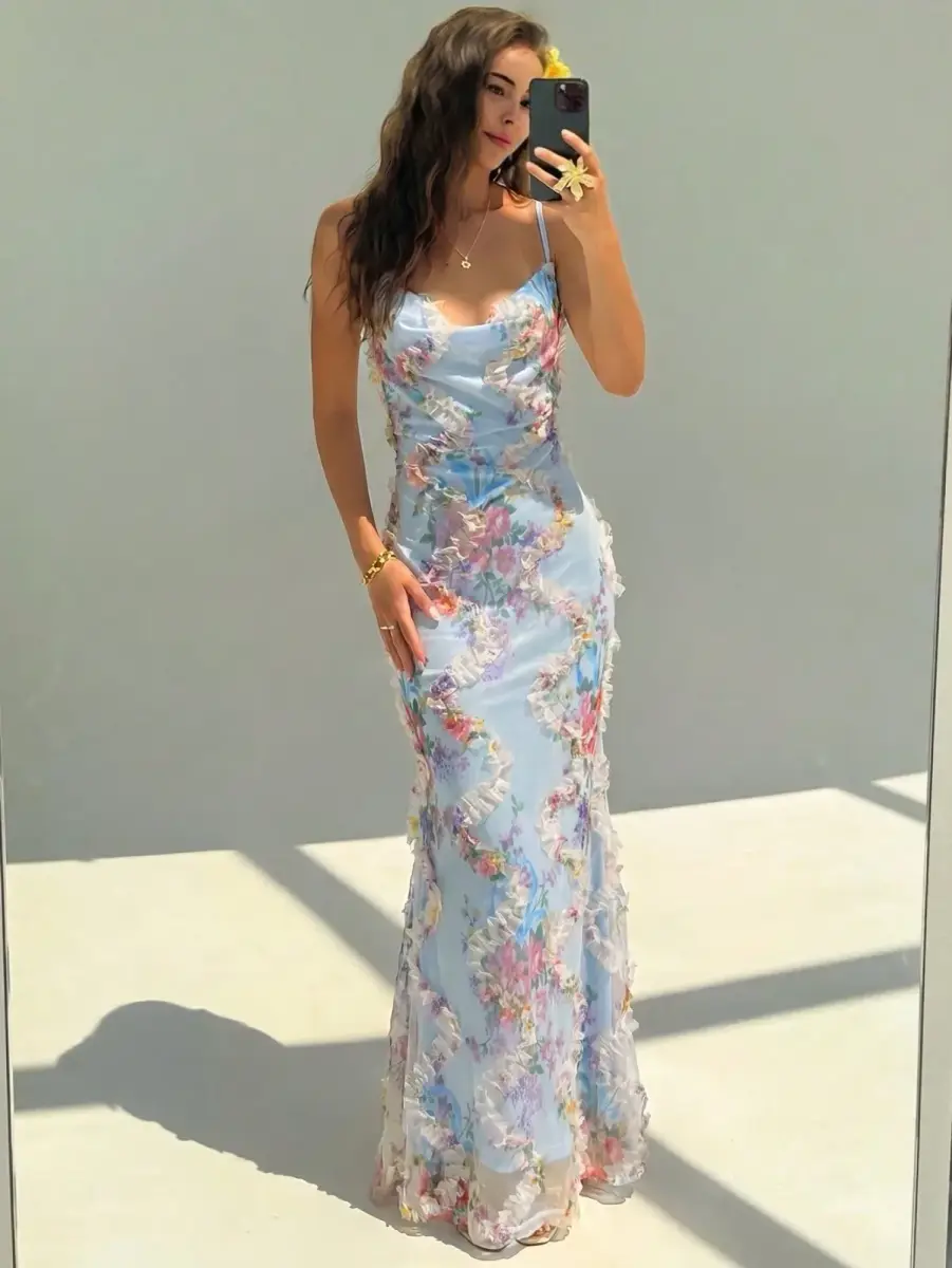 Robe longue sirène à imprimé floral 3D et volants